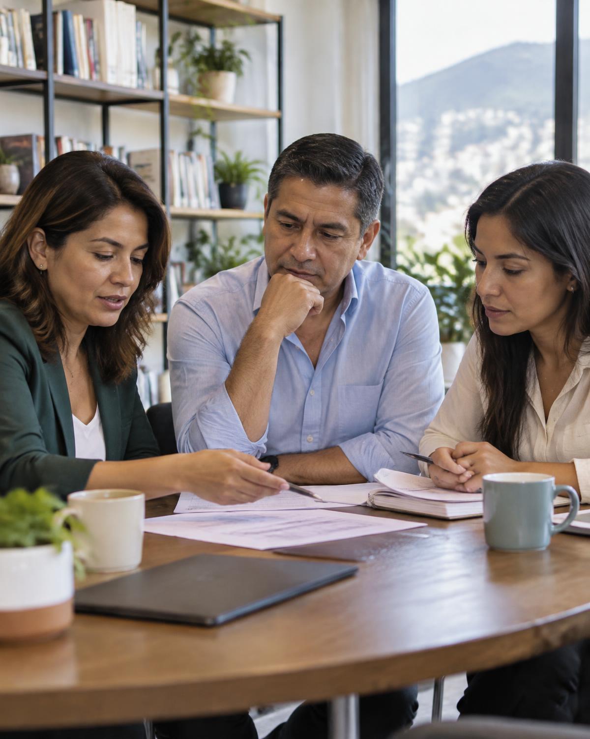 Profesionales revisan una propuesta de colaboración en una mesa de trabajo